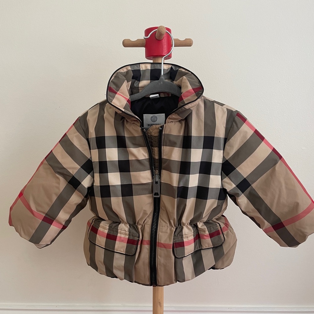 Burberry Beige Black Red Check Puffer Jacket - Kids